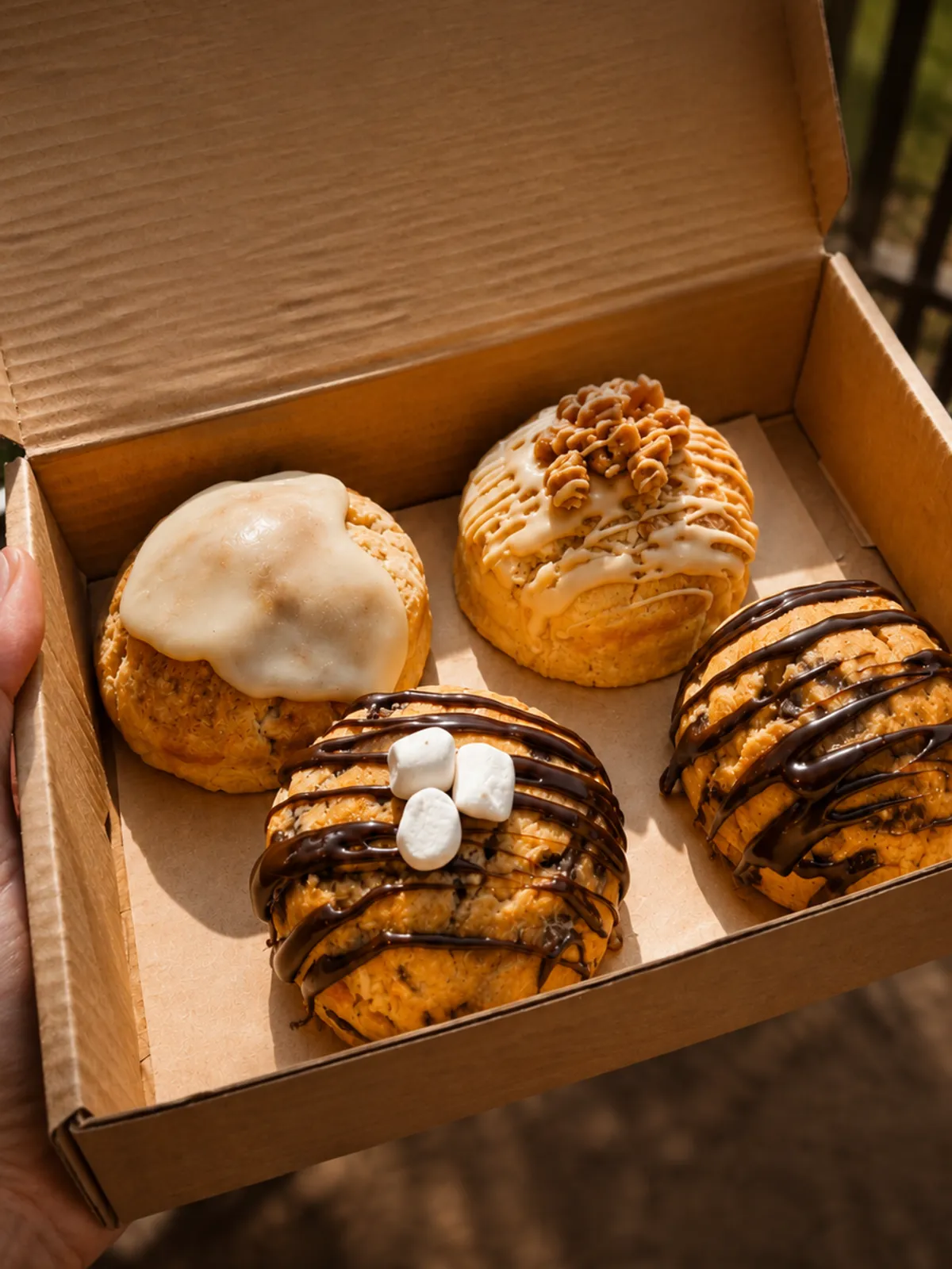 An open box of four stuffed cookies