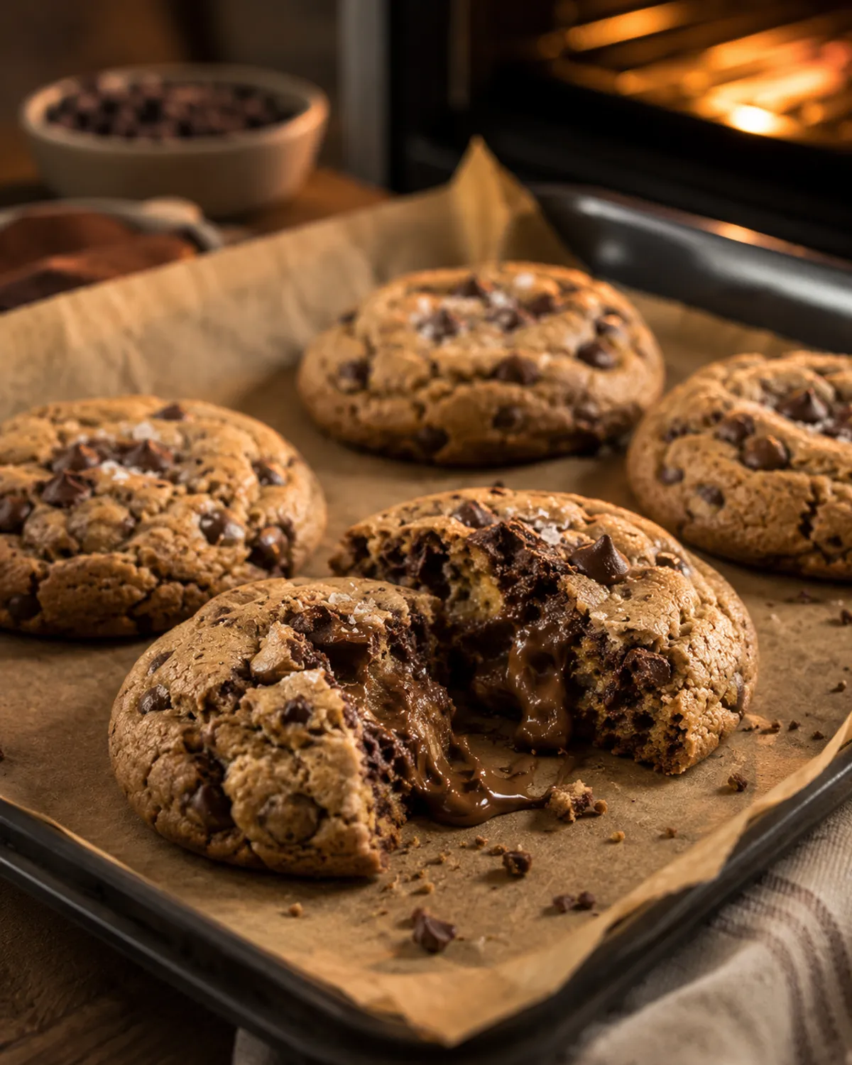 Chocolate chip cookies on a tray in front of the oven