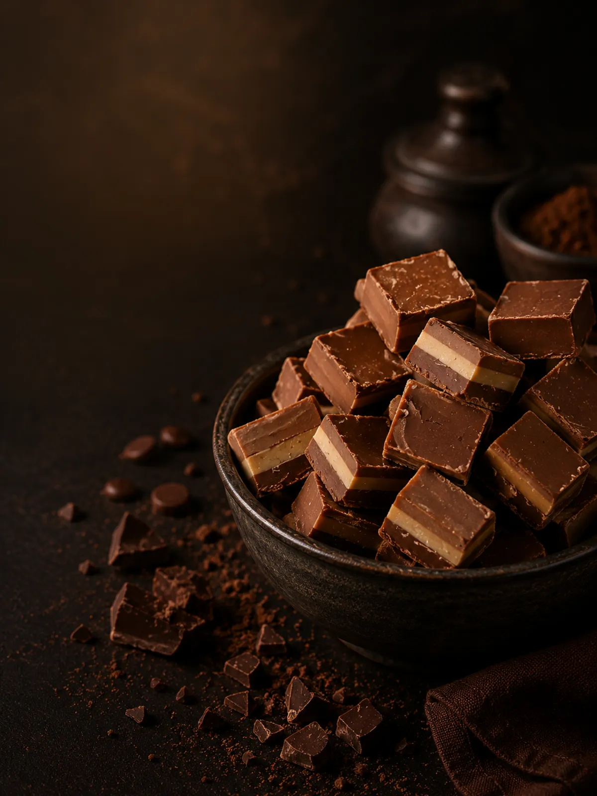 A bowl of hand-cut fudge with chocolate and cocoa powder around it